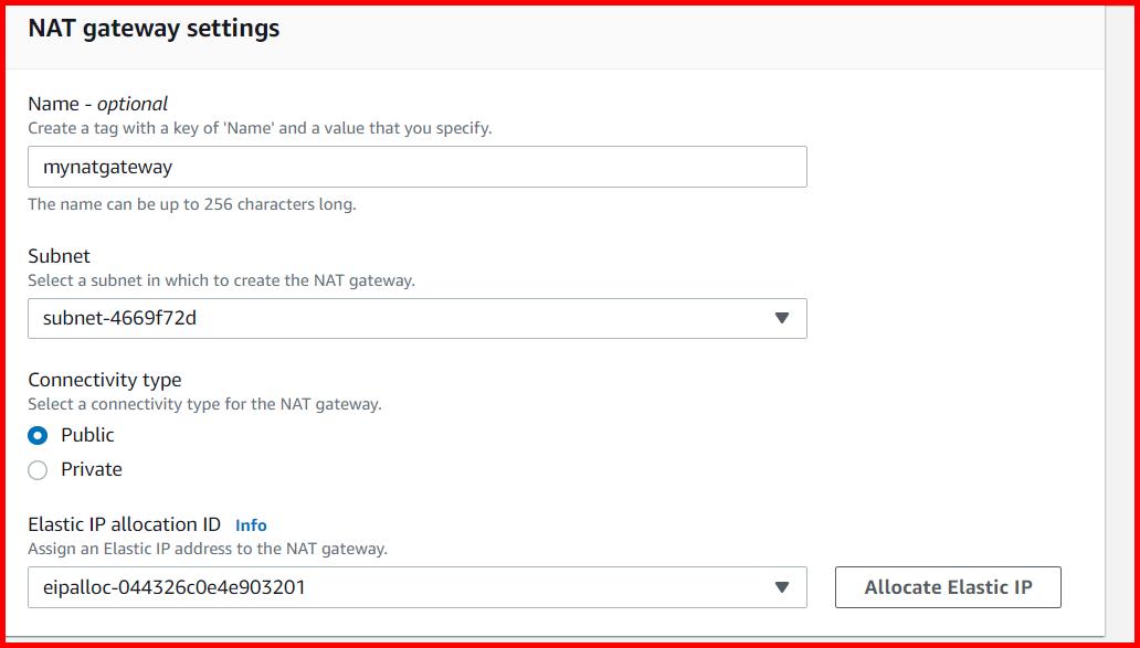 Picture showing the screen to create NAT Gateway